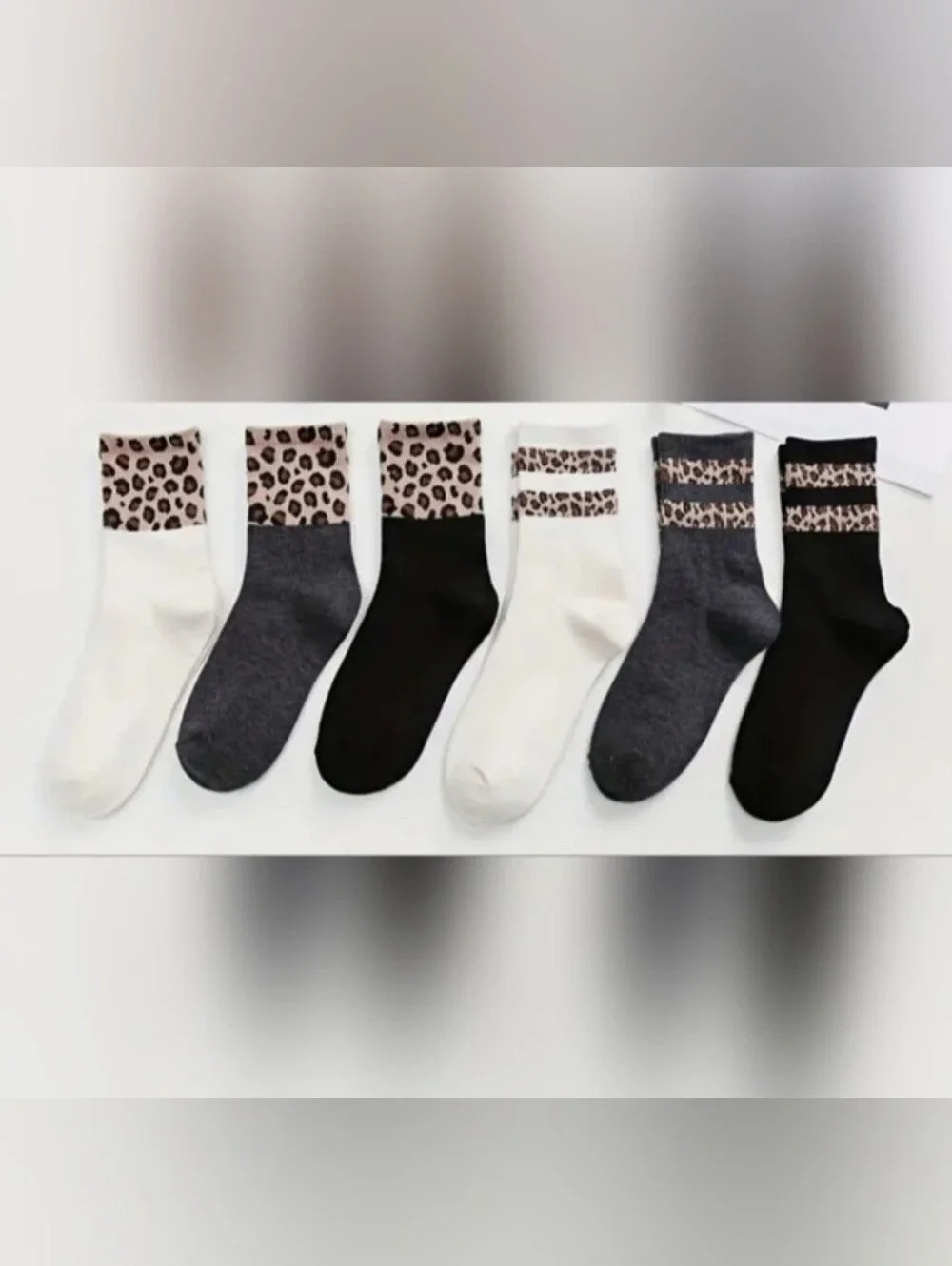 Leopard Womens Fashion Socks White Black&Grey One Size Breathable BNWT 6 Pairs